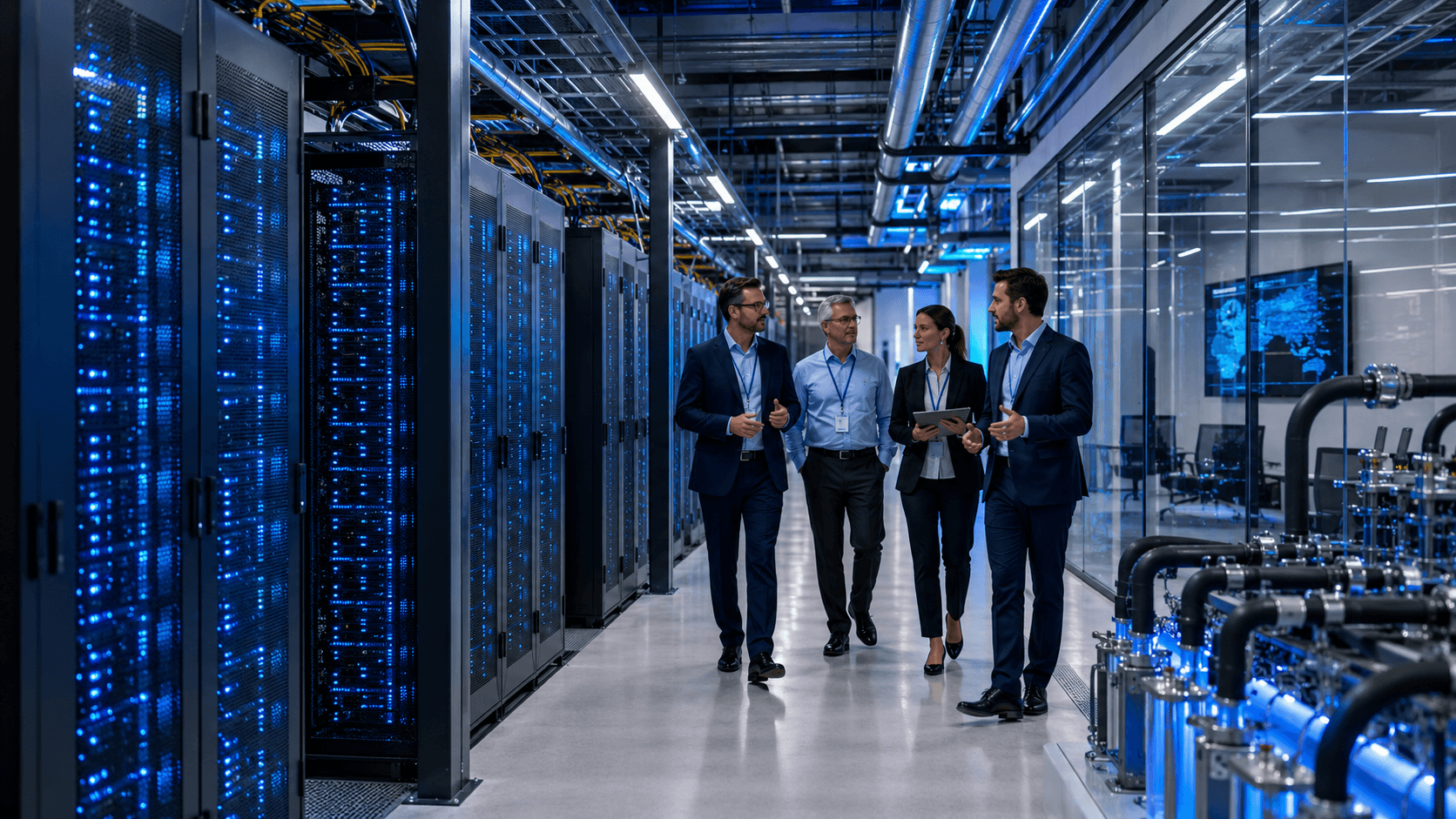 Enterprise leaders walking through an AI infrastructure facility