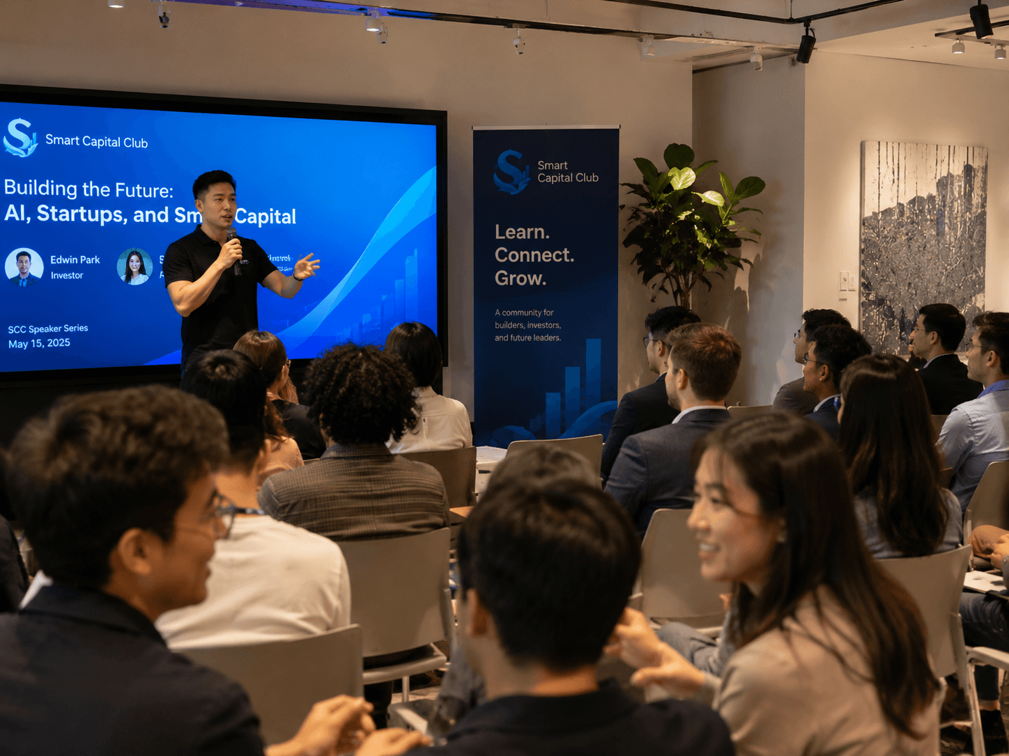 An expert presenting AI, startups, and smart capital to an engaged audience