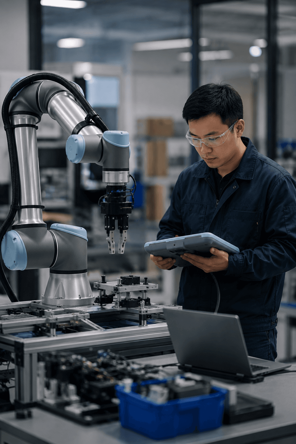 An engineer evaluating a collaborative robot in an advanced manufacturing environment