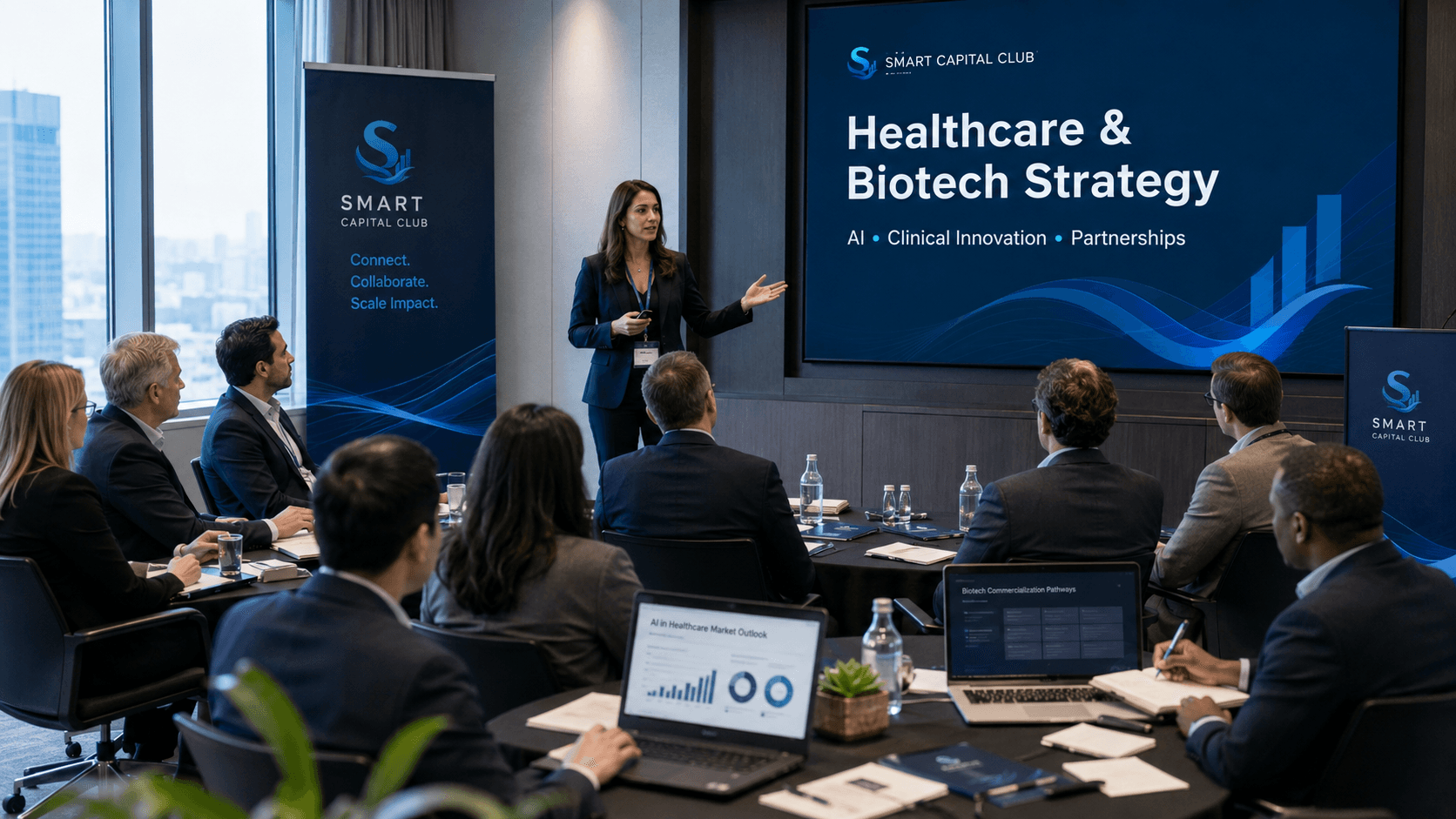 A healthcare and biotechnology strategy session connecting experts, institutions, and enterprise leaders