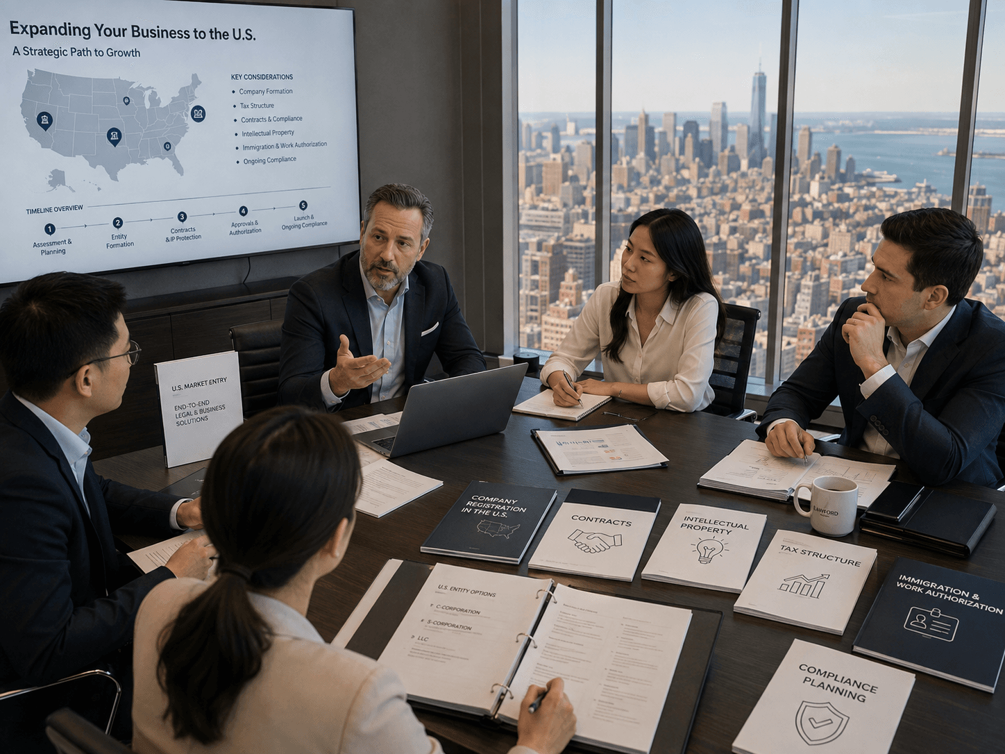 International enterprise leaders reviewing U.S. formation, contracts, intellectual property, tax, immigration, and compliance questions