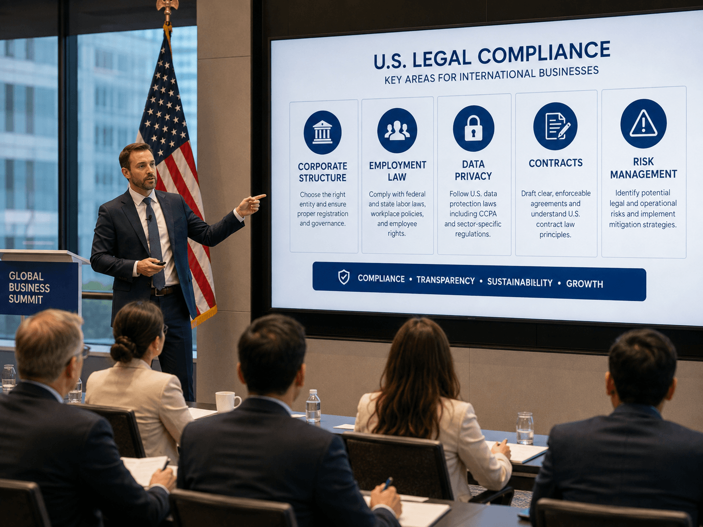 A U.S. legal compliance briefing covering corporate structure, employment, data privacy, contracts, and risk management